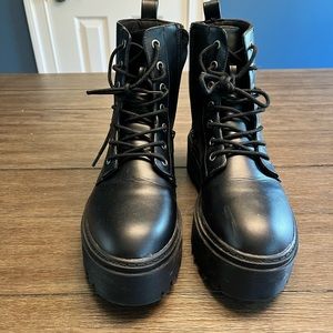Black Faux Leather Combat Boots